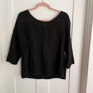 Inizio Italian Linen Black Scoop Neck 3/4 Sleeve Shirt S